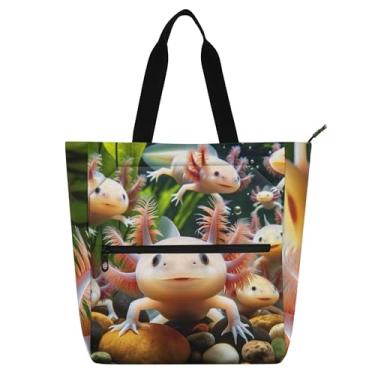 Imagem de Axolotls Bolsa feminina de trabalho de lona para praia com zíper, bolsas infantis fofas, presentes para amantes de livros