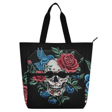 Imagem de Bolsas de trabalho femininas pretas com flores de caveira rosa bolsa escolar com zíper utilitário bolsas de escritório presentes para amantes de livros