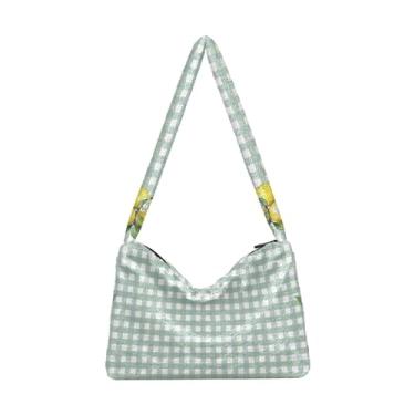 Imagem de Bolsa de pelúcia de aquarela de flores premium, bolsas femininas, bolsas de ombro para mulheres, Aquarela verde quadriculada limão, One Size