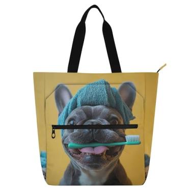 Imagem de GAIGEO Linda sacola escolar com estampa de cachorro pug buldogue pug com zíper resistente à água para mulheres, meninas, trabalho, viagens