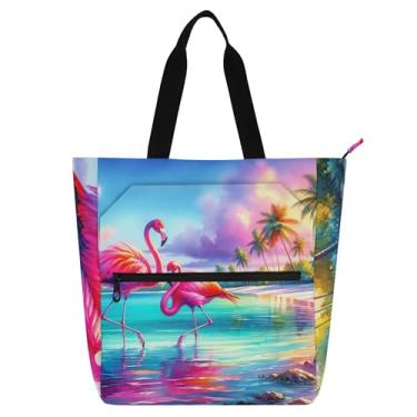 Imagem de Bolsa feminina para trabalho de praia flamingos em aquarela para escola, bolsa média, presente para amantes de livros
