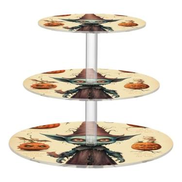 Imagem de Spooky Halloween Goblin Witch Pumpkins Suporte de cupcake de 3 níveis para copo de festa, torre de bolo, suporte de acrílico para exibição de mesa de doces, aniversário, personalizado