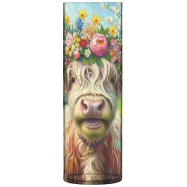 Imagem de Lindo vaso de flores cilíndrico de pintura floral de vaca Highland para vasos e plantadores de plástico personalizado exclusivo decoração de flores modernas, 30 cm x 9,9 cm