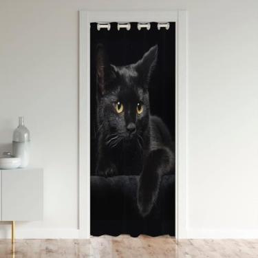 Imagem de jejeloiu Cortina de porta de gato preto para privacidade de porta, capa de porta de armário de animais de estimação fofa para quarto e sala de estar, capa de cortina 106 x 203 cm, 1 painel, isolamento