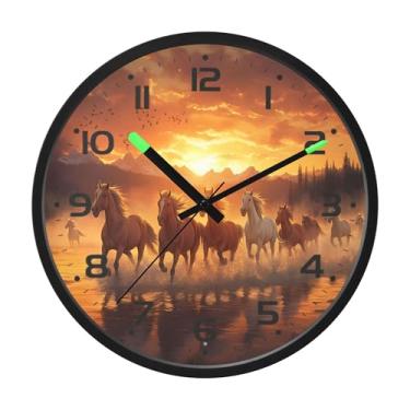 Imagem de SEHANY Relógio de parede artístico majestoso cavalos silencioso, sem tique-taque, relógio redondo operado por bateria, controle de som, luz noturna, relógios de parede para sala de estar, cozinha