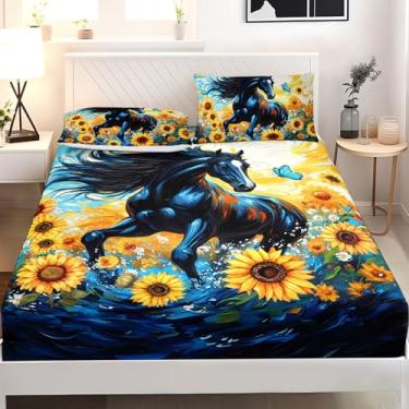 Imagem de AILONEN Jogo de lençol Queen com estampa floral de girassol amarelo, cavalo galopante, animal selvagem, 1 bolso profundo + 2 fronhas, macio e respirável