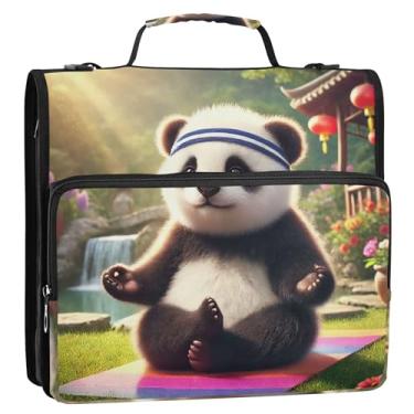 Imagem de Panda Yoga Peaceful Moment fichários de 3,8 cm com zíper e 3 anéis, bolsa organizadora de fichários escolares com alça de ombro, estojo de armazenamento colorido com alça