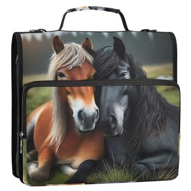 Imagem de Fichário com estampa de cavalos fofos, organizador de zíper com 3 argolas de 3 cm, fichário D de 3 cm com alça, bolsa escolar de ensino médio, estojo portfólio com alça