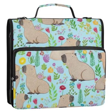 Imagem de Organizador de fichário com zíper, lindas capivaras, flores coloridas, 3 anéis, fichário de viagem resistente com alça de ombro para portfólio escolar, suporte de 500 folhas