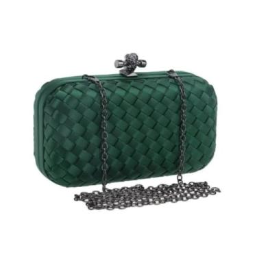 Imagem de Bolsa Clutch Feminina em Couro Trançado, Verde Esmeralda, Alça de Corrente Preta, Fecho Decorativo