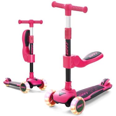 Imagem de ZIFFY Scooter infantil 2 em 1 com assento, scooter de 3 rodas com luzes LED, superfície antiderrapante, assento dobrável e guidão de altura ajustável, brinquedos de equitação para crianças de 3 a 12