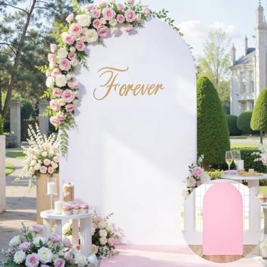 Imagem de Capa de fundo de arco branco rosa de 2,2 m - capa de arco de casamento de duas cores - capa de arco de chiara elástica sem vincos - Capas de suporte para fotos de festa de aniversário e chá de bebê