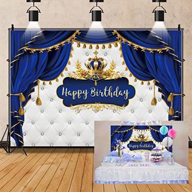 Imagem de OERJU 3 x 3 m, pano de fundo de aniversário do príncipe real, azul real e dourado, pequeno príncipe, decoração de fotografia para meninos e crianças, decoração de festa de 1º aniversário, banner
