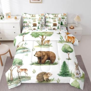 Imagem de Feelyou Jogo de cama de 7 peças de animais selvagens, urso, veado, raposa, com lençol para crianças, meninos, meninas, floresta natural, verde, marrom, macio, leve