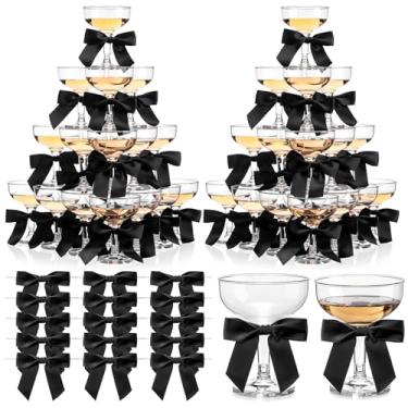 Imagem de Zopeal Conjunto de 100 copos de coquetel champanhe cupê de 142 g com fita de cetim laço preto 8 cm copos de plástico Margarita Martini para aniversário, despedida de solteira, presente de casamento