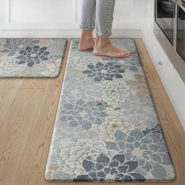 Imagem de GENIMO Tapetes de cozinha para chão, tapetes de cozinha, antiderrapantes, laváveis, conjuntos de 2, tapetes impermeáveis acolchoados, antifadiga, tapete floral para lavanderia, pia, escritório, casa