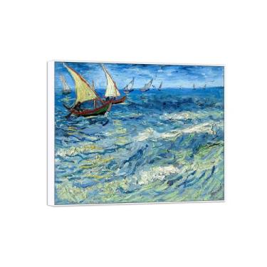 Imagem de BMZFYBS Vincent van Gogh Famosa pintura em tela de arte de parede pronta para pendurar. Barcos de pesca. Imagem em moldura branca para decoração de sala de estar 70 x 85 cm 27 x 33 pol
