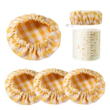 Imagem de 4 peças de capas de pano para jarro iniciante de massa fermentada, pano de algodão xadrez para fermentação de pão de queijo, tampas elásticas não branqueadas, reutilizáveis, tampa de tigela de