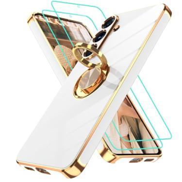 Imagem de Gritup Capa para Samsung Galaxy S25 FE | 2 peças protetoras de tela | Suporte magnético de rotação de 360°, capa protetora à prova de choque de TPU macio com borda dourada banhada a ouro para S25 FE