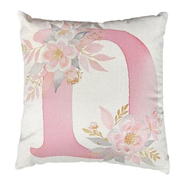 Imagem de kaiwern Capa de almofada com letras, 45,7 x 45,7 cm, alfabeto D, flor, decorativa, rosa, com letra inicial, fronha, para ambientes externos, interiores, sala de estar, sofá, pátio, quarto, decoração