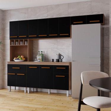 Imagem de Cozinha Zínia Completa Balcão Com Tampo Mb1 300cm Cor Savana Preto