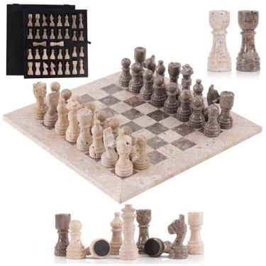 Imagem de Marble Chess Set 12 Inch Handmade Travertine and Oceanic Board Game with Storage Box, Classic Travel Chess Set for Adults with Pieces & 2 Extra Queens, Elegant Gift & Home Décor