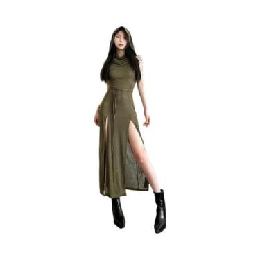Imagem de Vestido Feminino Sem Mangas Com Capuz Longo Fenda Oca Cor Pura Verão 2