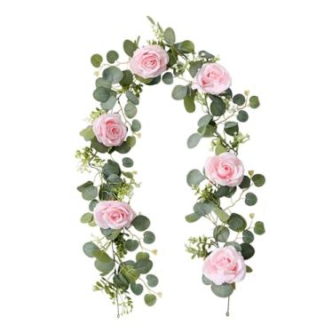 Imagem de KiBcsLic Guirlanda de flores artificiais de eucalipto, decoração versátil para casamentos, trepadeira de rosas artificiais para decoração de mesas e ambientes, Rosa