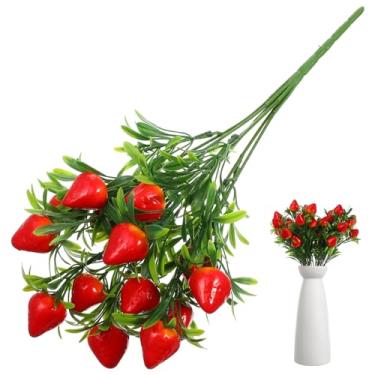 Imagem de Healeved 6 peças buquê artificial de ramo de morango, haste de morango, arranjo de flores falsas, decoração de festa de bolo falso, decoração de casa para férias