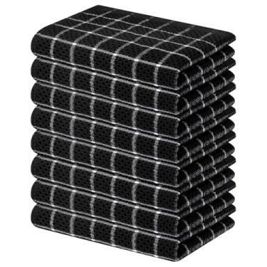 Imagem de Homaxy Toalhas de cozinha 100% algodão pacote com 8 - 38 x 63 cm, toalhas de chá de mão de trama de waffle com design xadrez, toalha de prato super macia e absorvente para secar pratos, preto e branco