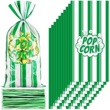 Imagem de Ninehaoou 200 unidades de sacos de pipoca a granel de filmes noturnos, sacos de plástico para pipoca, recipientes de lanche de milho com laços torcidos para suprimentos de festa de Natal de carnaval