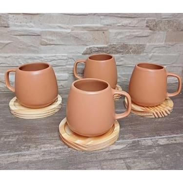 Imagem de Jogo de 4 Canecas 150ml de Porcelana – Com Pires de Madeira, Ideal para Café, Chá, Cantinho do Café e Mesa Posta (Terracota Fosca)