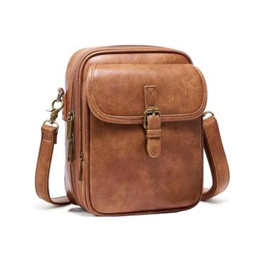 Imagem de Bolsa tiracolo para mulheres e homens, bolsa carteiro antifurto de couro vegano, bolsa transversal vintage com compartimentos para cartões, Pulseira de couro marrom, Small