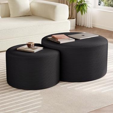 Imagem de BSHOMGI Conjunto de 2 mesas de centro estofadas redondas de veludo cotelê redondo de espuma lateral para sala de estar, conjunto de entrada, 81 cm + 43 cm, apoio para os pés ou bancos de cama, sem