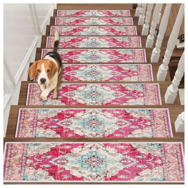 Imagem de Passos de escada antiderrapantes com padrão rosa para degraus de madeira 76 cm x 20 cm de borracha para escadas internas tapetes de escada antiderrapantes tapetes de segurança para cães, crianças e