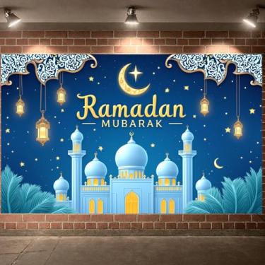 Imagem de Ramadã Festival Islâmico Lua Crescente Lanterna Decoração Cena Mesquita Lua Crescente Ramadã Banner Padrão Estrelado Mês Santo para Decoração de Casa Reunião de Família