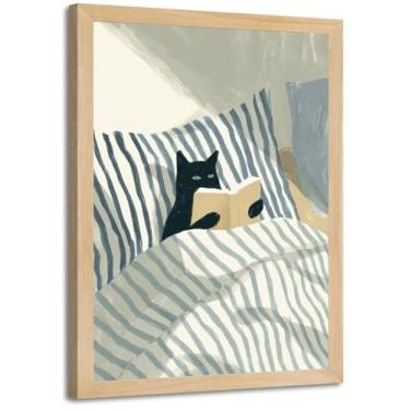 Imagem de Arte de parede de gato de leitura emoldurada gato preto engraçado na cama lendo imagem decoração de parede minimalista amante de livros de animais impressão de pôster para sala de estar quarto