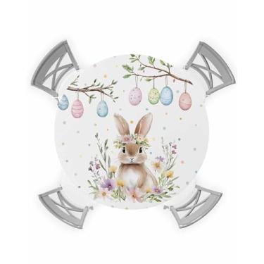 Imagem de Toalha de mesa redonda elástica de Páscoa, toalha de mesa fofa com ovo colorido e flor de coelhinho para mesa redonda, à prova de óleo, à prova de óleo, toalha de mesa com ramos de folhas de Páscoa