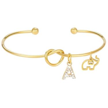 Imagem de COSHAYSOO Pulseira feminina banhada a ouro 14K com berloques de elefante com letra inicial, One Size, Aço inoxidável Aço inoxidável Ouro 14K, Sem Pedra Preciosa