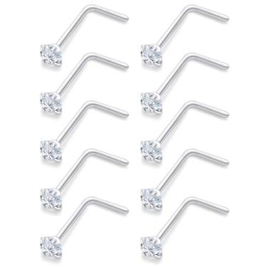 Imagem de Dyknasz Piercing de nariz de aço cirúrgico com zircônia cúbica, 10 peças, minúsculos anéis de narina para mulheres, piercing de osso de parafuso e piercing de narina em forma de L, joias 24G 22G 20G