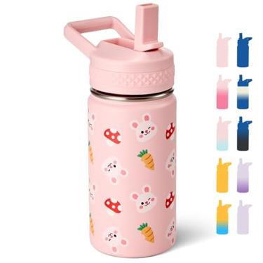 Imagem de Fijinhom Garrafa de água de 350 ml, copo pequeno com canudo, garrafa de água para escola, garrafa isolada a vácuo de aço inoxidável 304, livre de BPA, à prova de vazamento, coelho