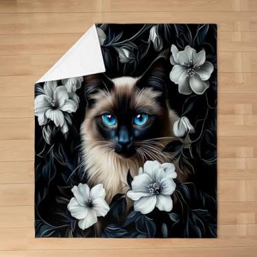 Imagem de jejeloiu Cobertor de lã para meninas, gato, 127 x 152 cm, cobertor flanelado fofo de gatinho siamês, decoração de quarto para amantes de gatos, cobertor felpudo para crianças, adultos, cobertor de