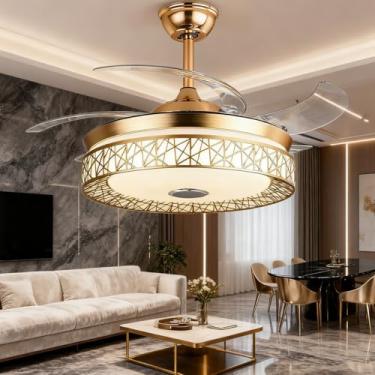 Imagem de Daksan Ventilador de Teto 108cm dourado com Luz – 4 Pás, Diâmetro da Lâmpada 48cm, Controle Remoto, LED 72W 3 Cores Altermáveis, Chandelier Inteligente para Sala, Quarto e Cozinha