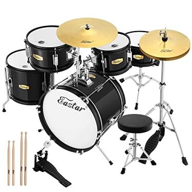 Imagem de Bateria Eastar 40,64 cm 5 peças, kit de bateria júnior para iniciantes com trono e prato ajustáveis, pedal e baquetas, preto metálico (EDS-350BK)