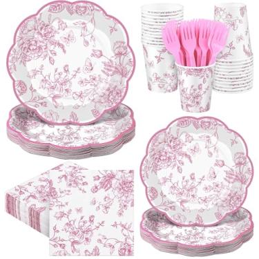 Imagem de Kochorie 144 peças de pratos e guardanapos de papel floral rosa, conjunto de utensílios de mesa de flores rosa e branco inclui pratos recortados vintage, guardanapos, copos, garfos para casamento