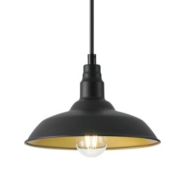 Imagem de GOALPLUS Luzes pendentes de fazenda com cúpula de 25 cm, luminária montada no teto estilo celeiro para cozinha, sala de jantar, iluminação preta para uso interno e externo, altura ajustável