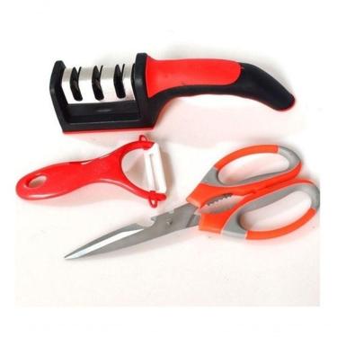 Imagem de Kit Amolador/tesoura/descascador Afiador De Facas Em Aço Ino