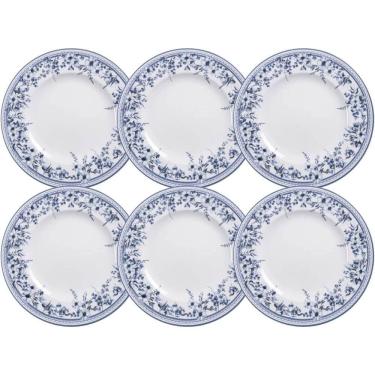 Imagem de Jogo 6 Pratos Rasos Jantar 28cm Tramontina Azzura Porcelana Decorada Floral Azul Mesa Posta