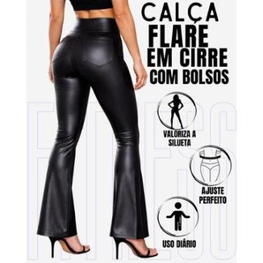 Imagem de Calça Flare Bailarina Em Cirre Imita Couro Com Bolsos Elegante Casual WOLFOX-Feminino