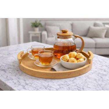 Imagem de Bandeja Redonda De Bambu com Alça Para Servir ou Decorar - GENERICO